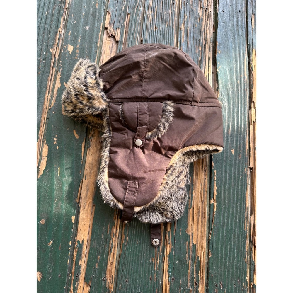 Brown Faux Fur Trapper Hat Nylon Aviator Bomber Cap with Ear Flaps Winter Warm